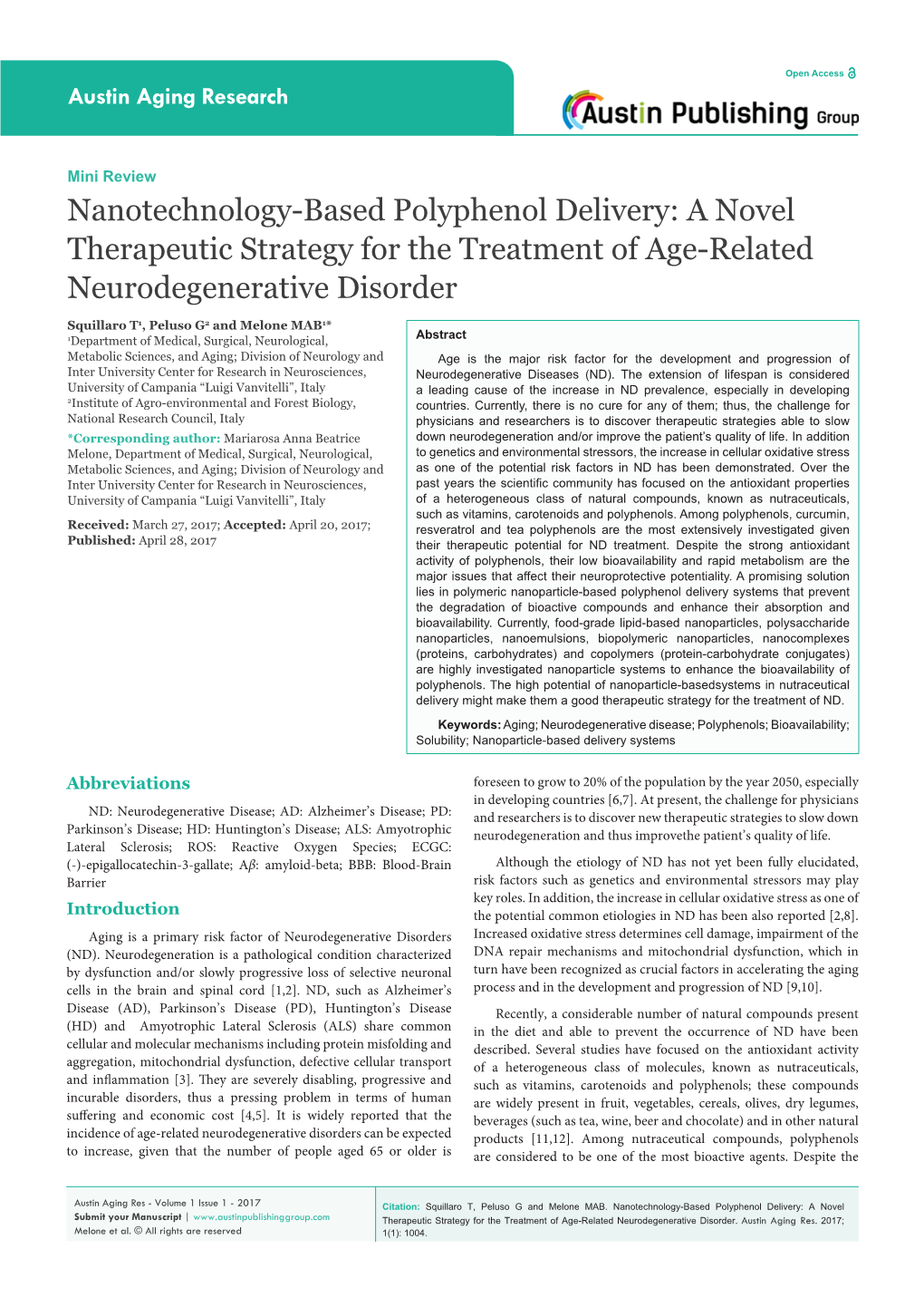 Nanotechnology-Based Polyphenol Delivery: a Novel Therapeutic Strategy for the Treatment of Age-Related Neurodegenerative Disorder