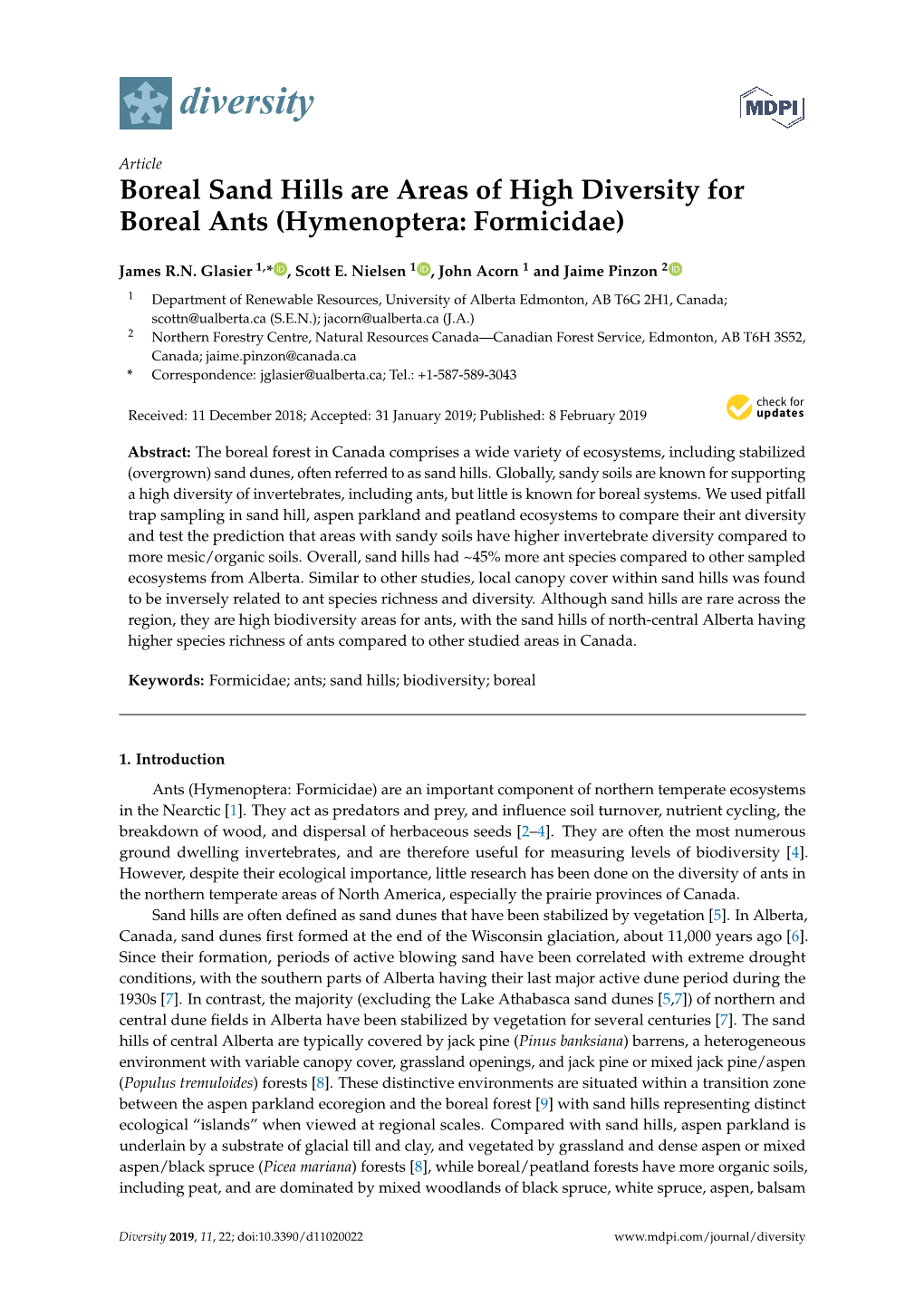 Boreal Sand Hills Are Areas of High Diversity for Boreal Ants (Hymenoptera: Formicidae)