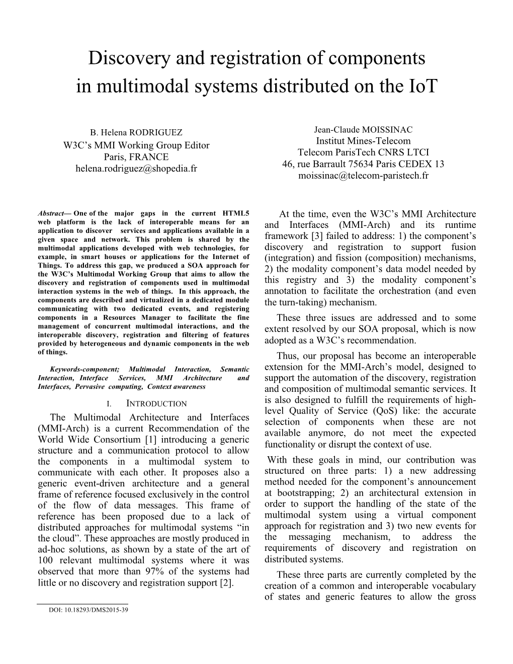 Discovery and Registration of Components in Multimodal Systems Distributed on the Iot