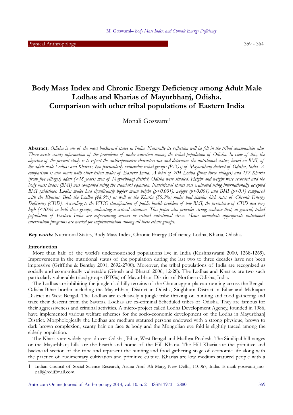 Body Mass Index and Chronic Energy Deficiency Among Adult Male Lodhas and Kharias of Mayurbhanj, Odisha