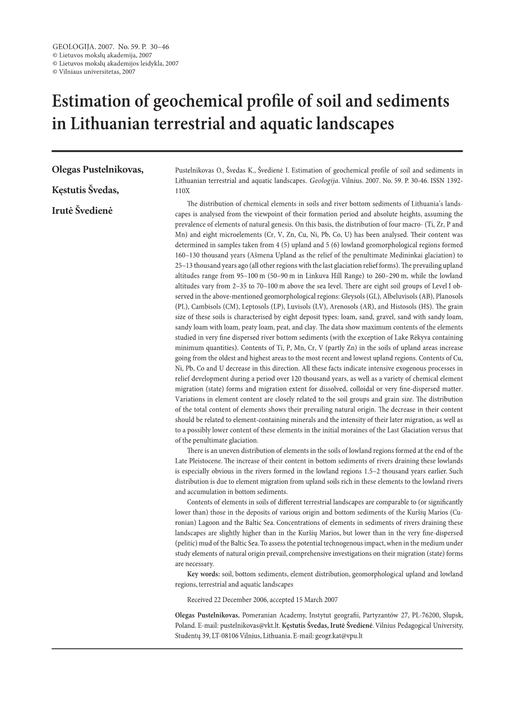 Estimation of Geochemical Profile of Soil and Sediments in Lithuanian