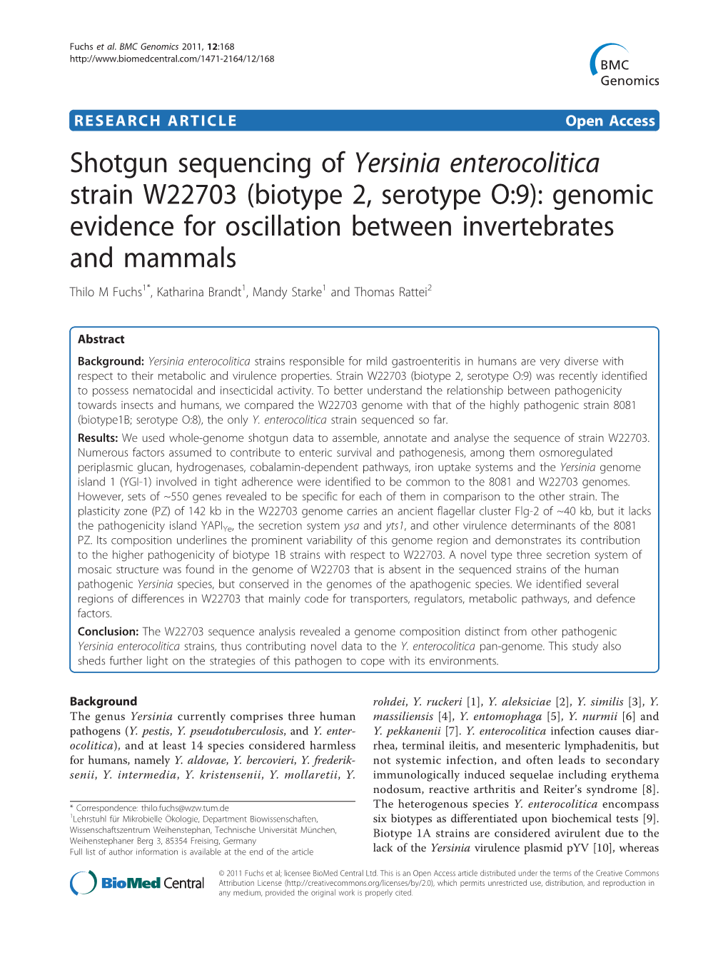 Shotgun Sequencing of Yersinia Enterocolitica Strain W22703