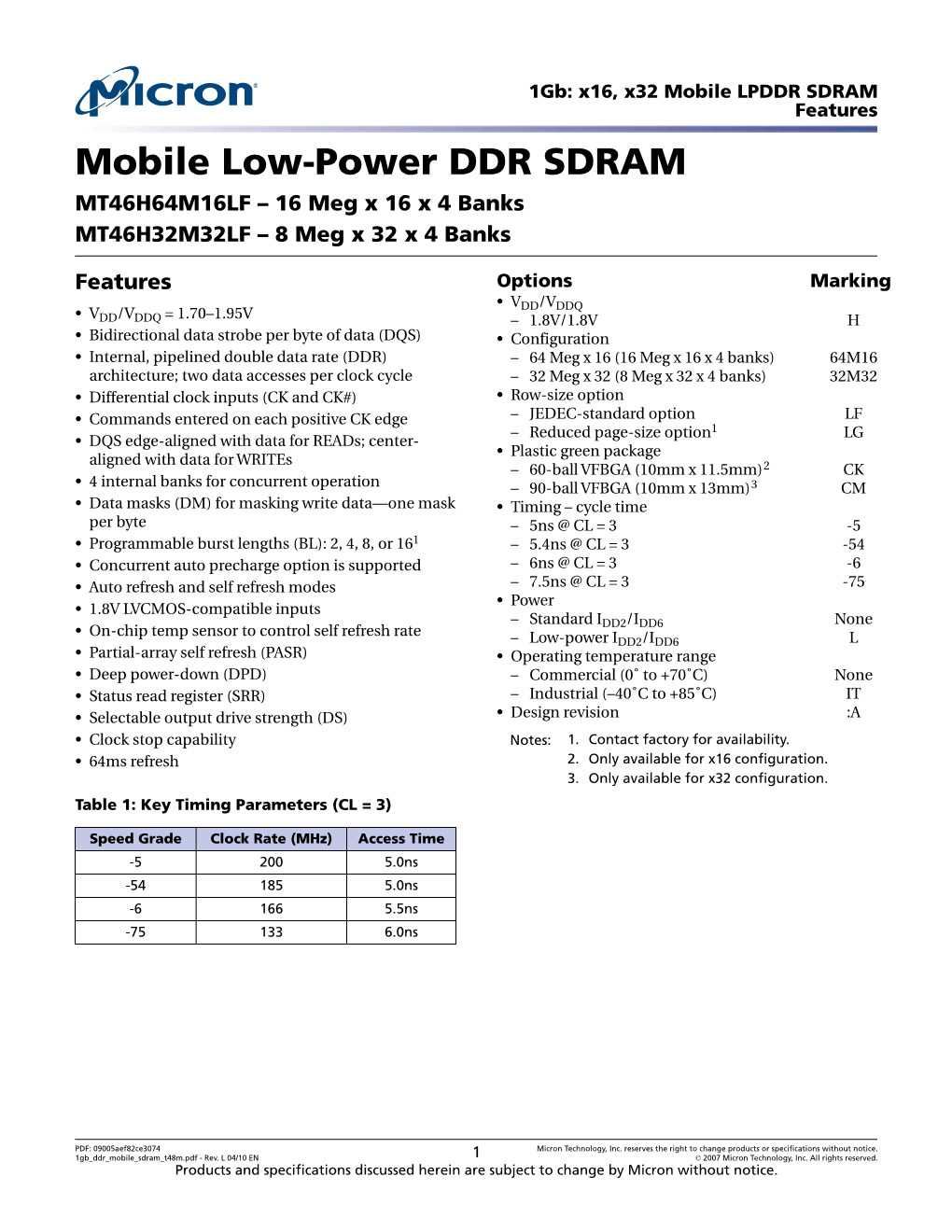 1Gb: X16, X32 Mobile LPDDR SDRAM Features Mobile Low-Power DDR SDRAM MT46H64M16LF – 16 Meg X 16 X 4 Banks MT46H32M32LF – 8 Meg X 32 X 4 Banks