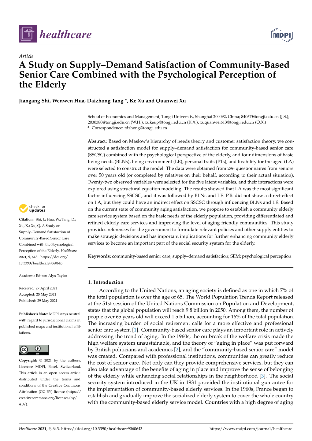 A Study on Supply–Demand Satisfaction of Community-Based Senior Care Combined with the Psychological Perception of the Elderly