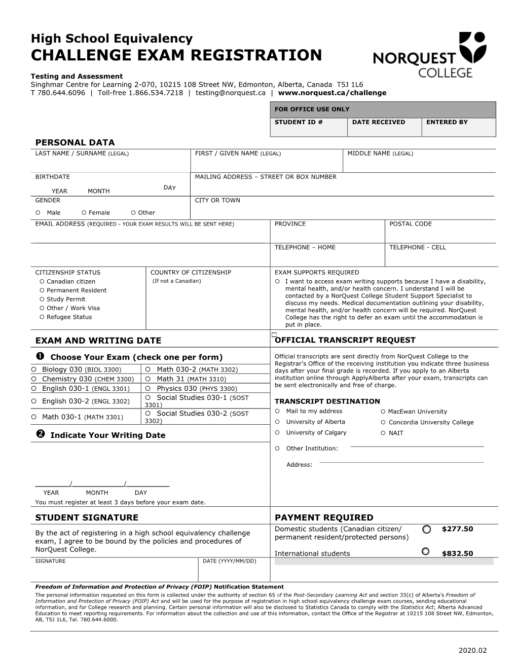 Challenge Exam Registration Form