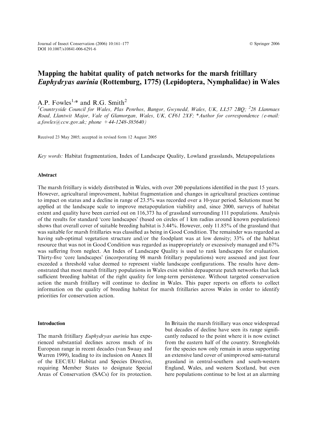 Mapping the Habitat Quality of Patch Networks for the Marsh Fritillary Euphydryas Aurinia (Rottemburg, 1775) (Lepidoptera, Nymphalidae) in Wales