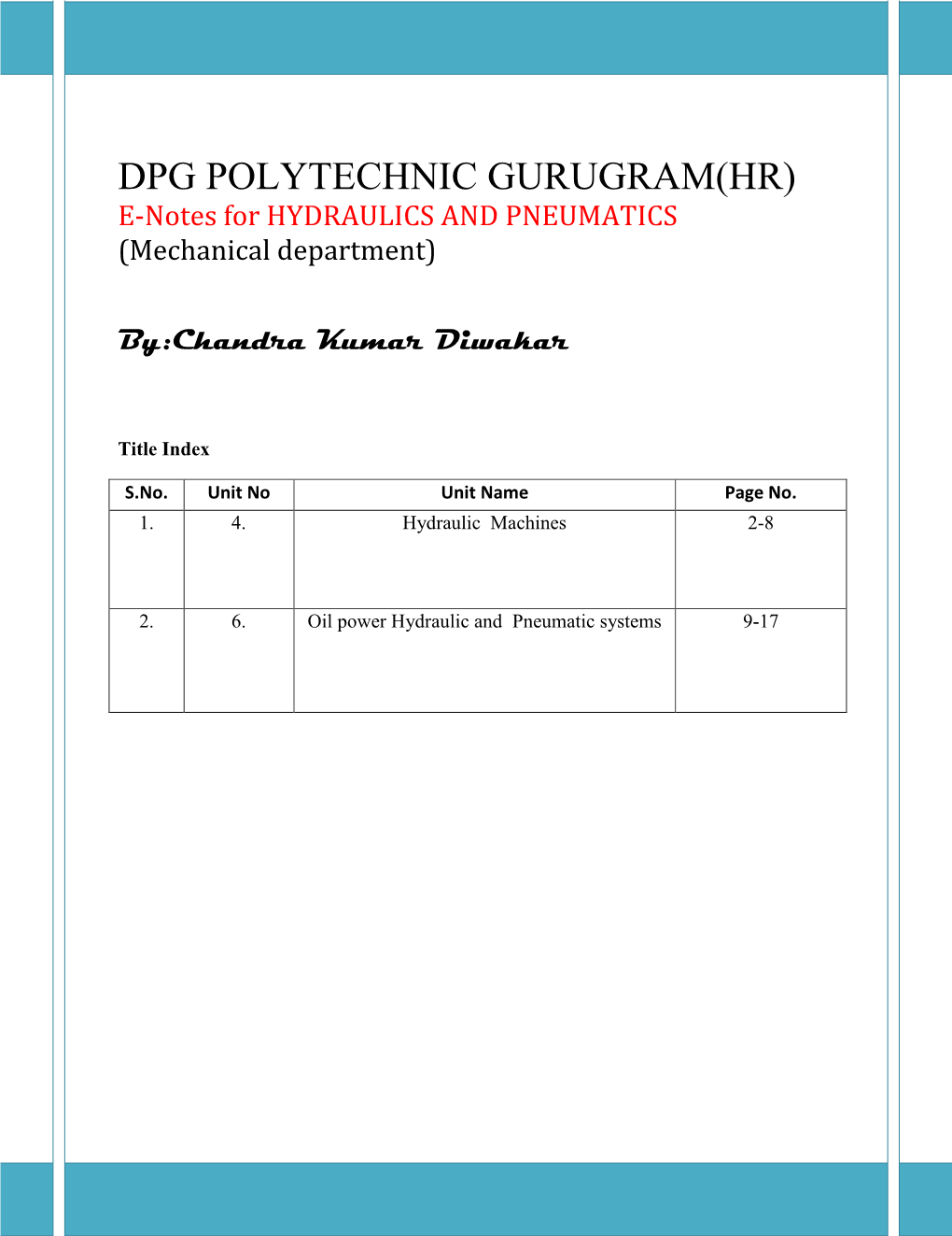 DPG POLYTECHNIC GURUGRAM(HR) E-Notes for HYDRAULICS and PNEUMATICS (Mechanical Department)