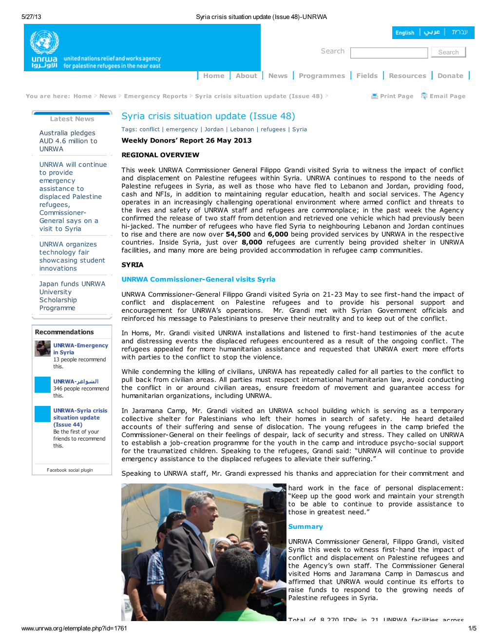Syria Crisis Situation Update (Issue 48)-UNRWA