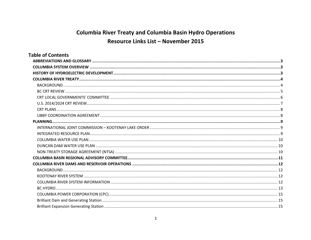 Columbia River Treaty and Columbia Basin Hydro Operations Resource Links List – November 2015
