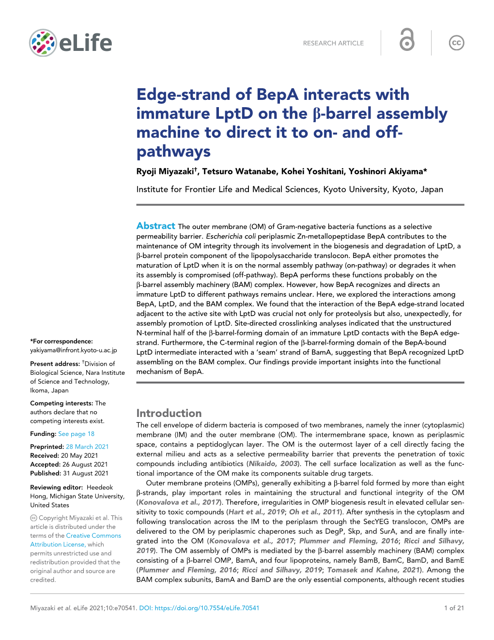 Edge-Strand of Bepa Interacts with Immature Lptd on the Β-Barrel