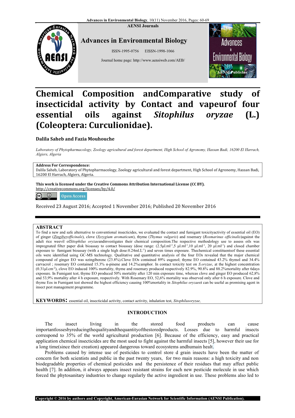 Chemical Composition Andcomparative Study of Insecticidal Activity