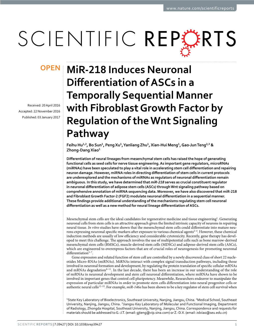 Mir-218 Induces Neuronal Differentiation of Ascs in A