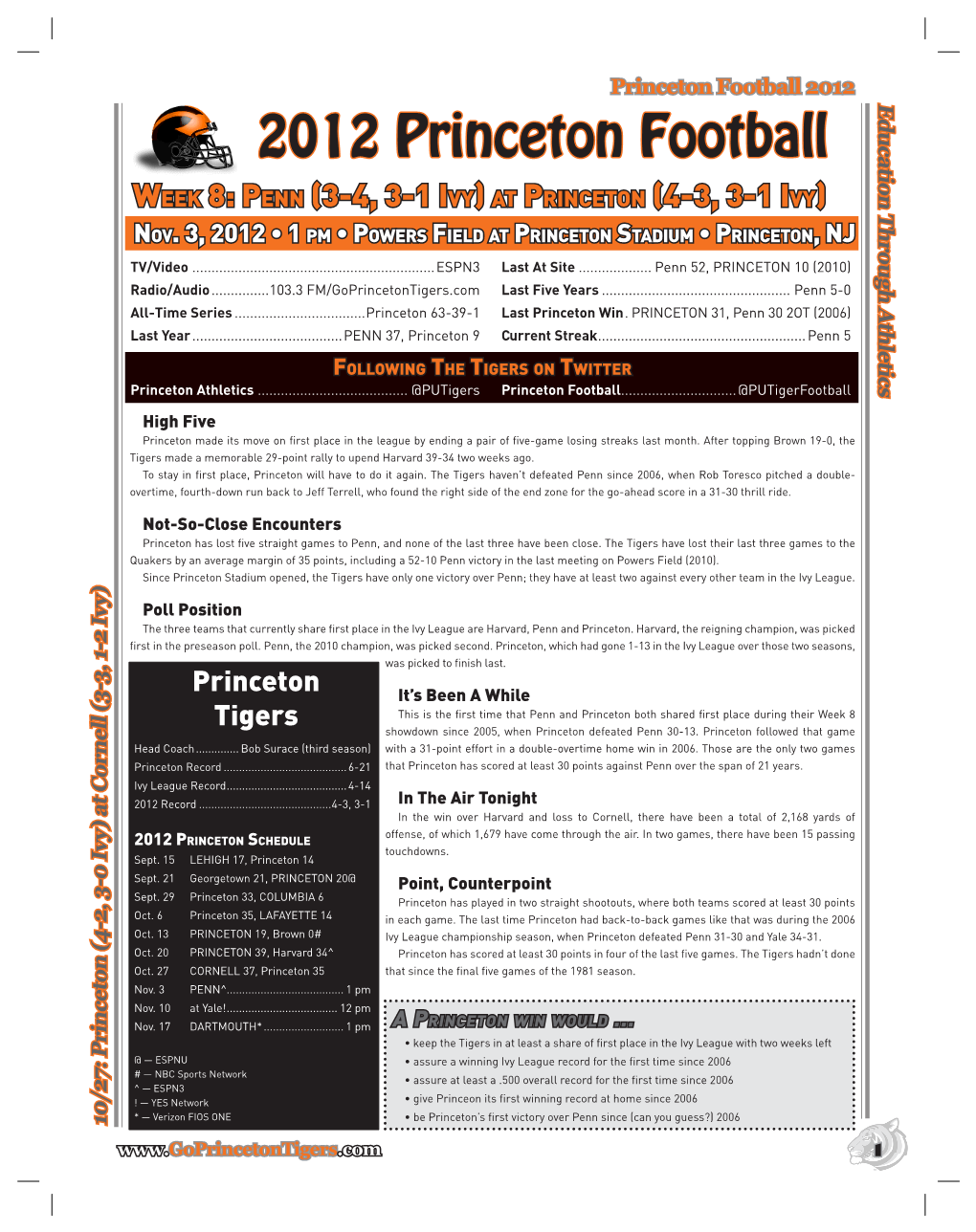 2012 Princeton Football Week 8: Penn (3-4, 3-1 Ivy) at Princeton (4-3, 3-1 Ivy) Nov