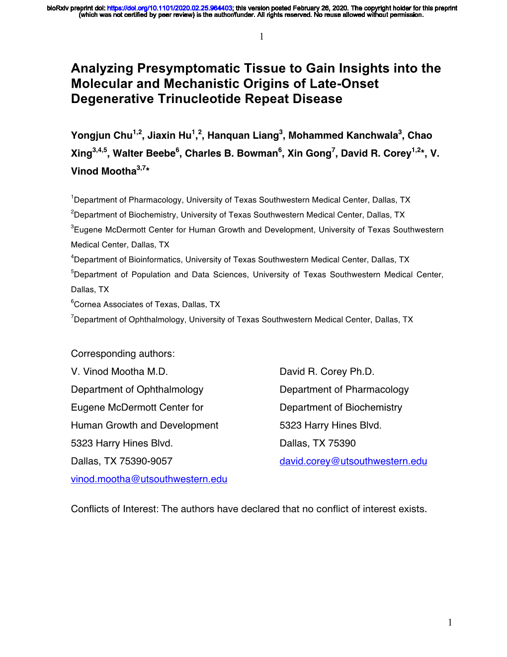 Analyzing Presymptomatic Tissue to Gain Insights Into the Molecular and Mechanistic Origins of Late-Onset Degenerative Trinucleotide Repeat Disease