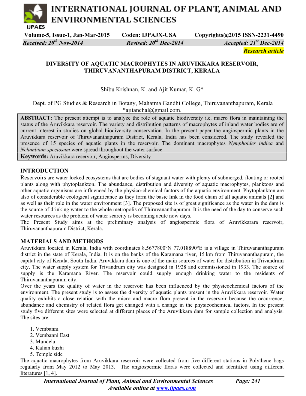 Diversity of Aquatic Macrophytes in Aruvikkara Reservoir, Thiruvananthapuram District, Kerala