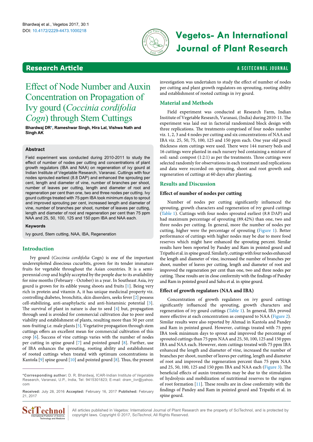 Effect of Node Number and Auxin Concentration on Propagation of Ivy Gourd (Coccinia Cordifolia Cogn) Through Stem Cuttings