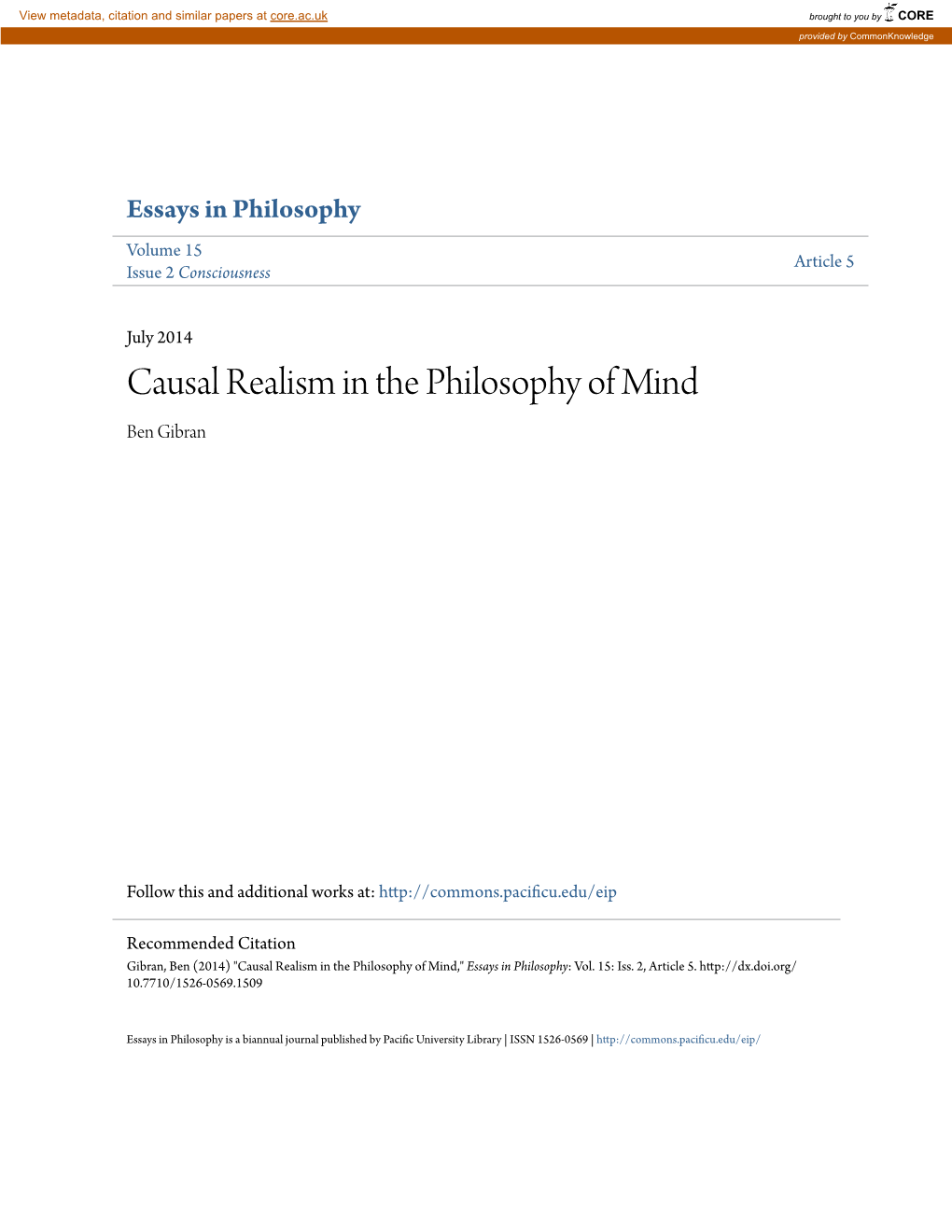 Causal Realism in the Philosophy of Mind Ben Gibran