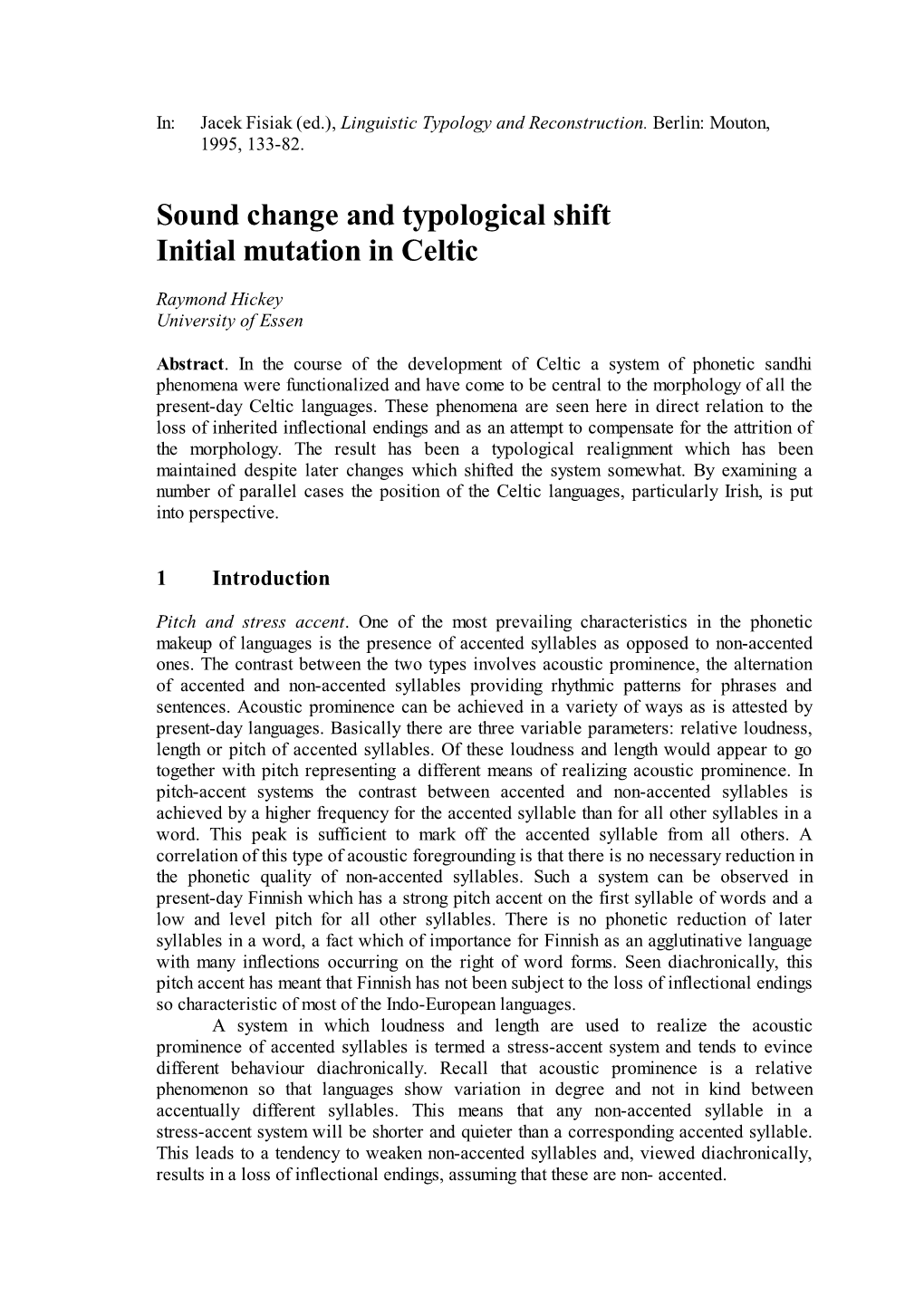 Sound Change and Typological Shift Initial Mutation in Celtic