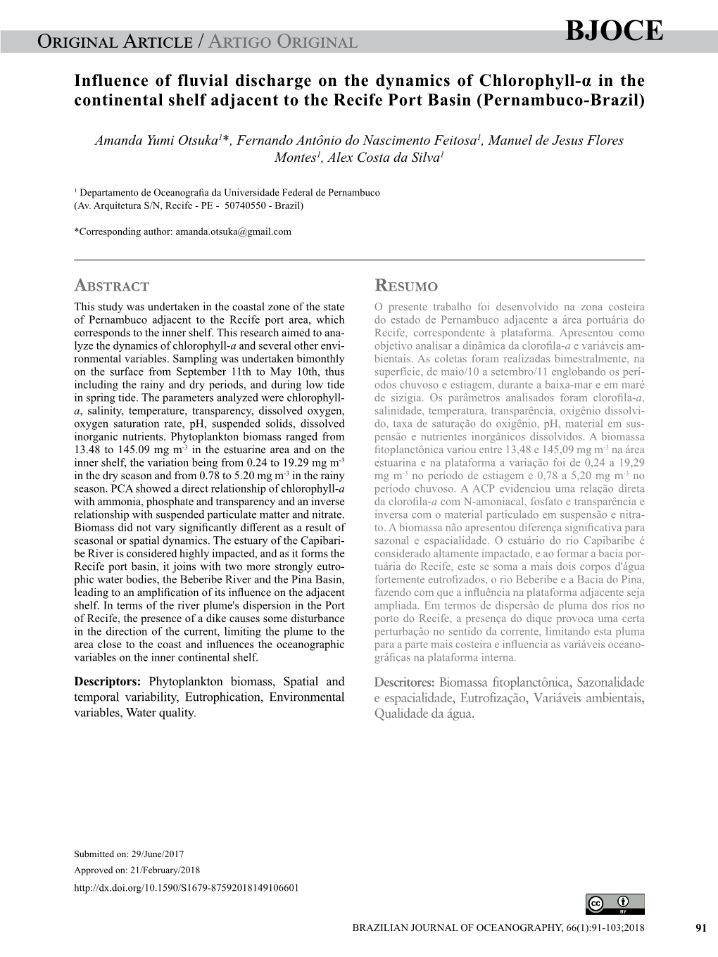 Influence of Fluvial Discharge on the Dynamics of Chlorophyll-Α in the Continental Shelf Adjacent to the Recife Port Basin (Pernambuco-Brazil)