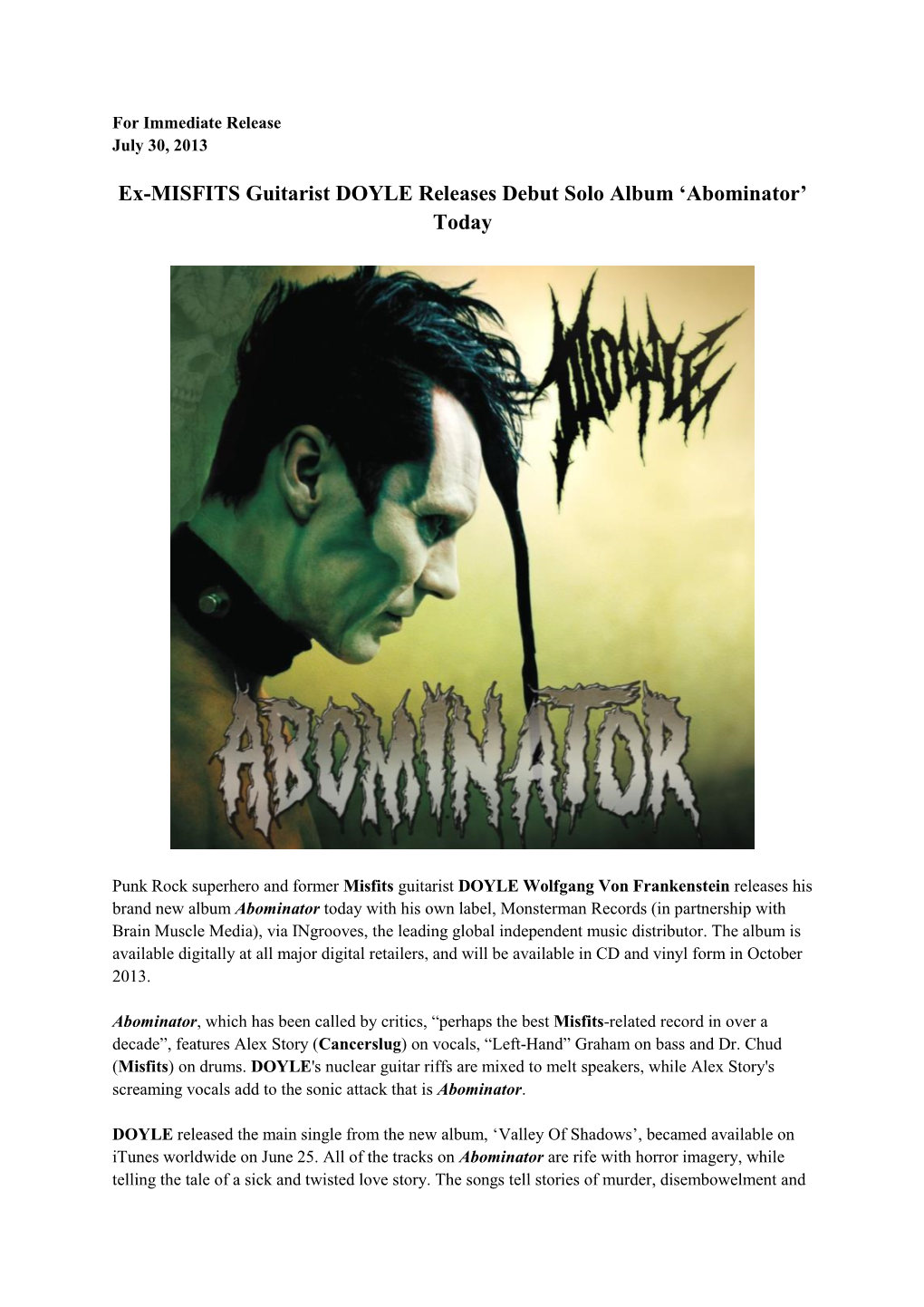 Ex-MISFITS Guitarist DOYLE Releases Debut Solo Album 'Abominator'