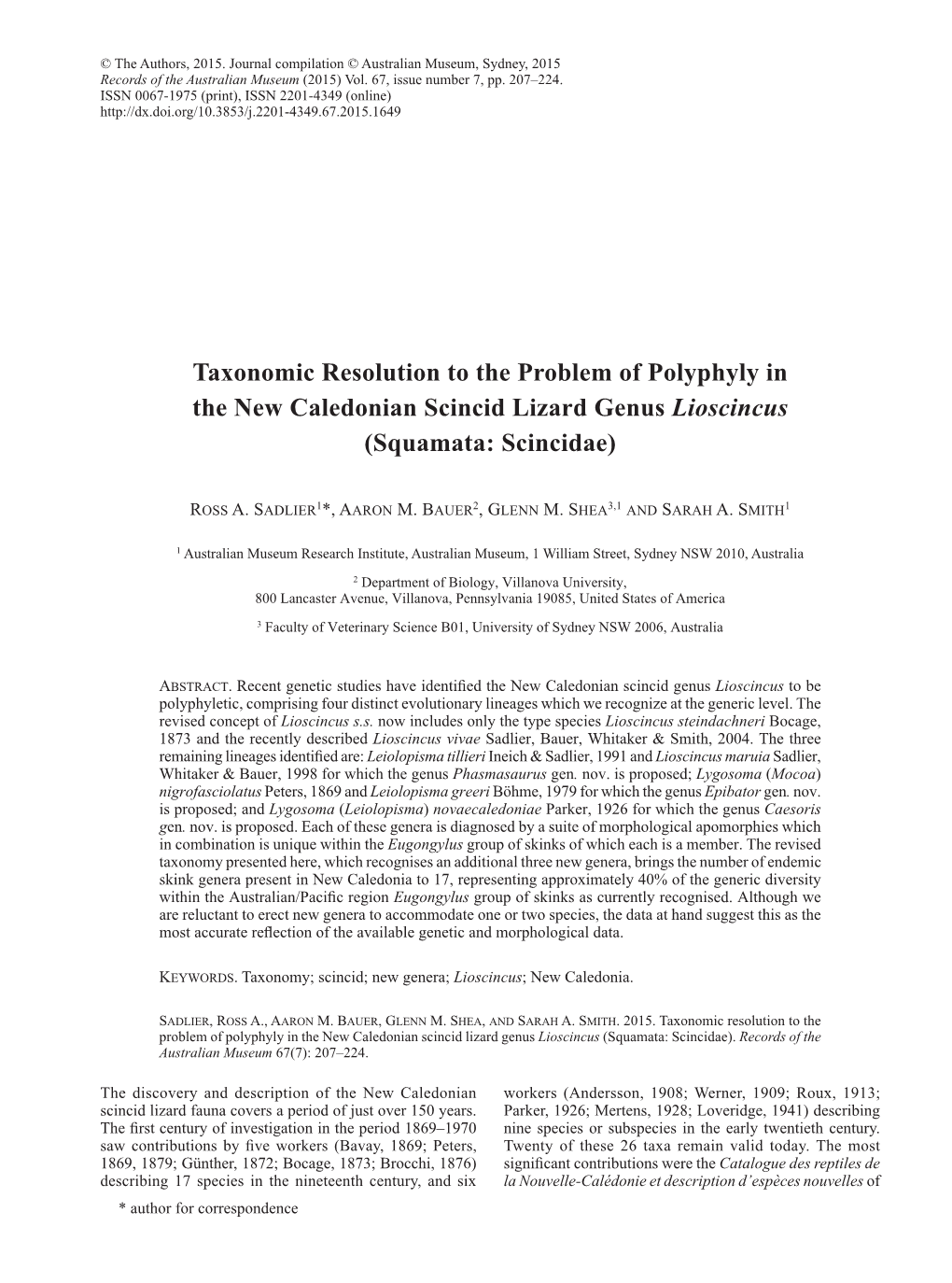 Taxonomic Resolution to the Problem of Polyphyly in the New Caledonian Scincid Lizard Genus Lioscincus (Squamata: Scincidae)