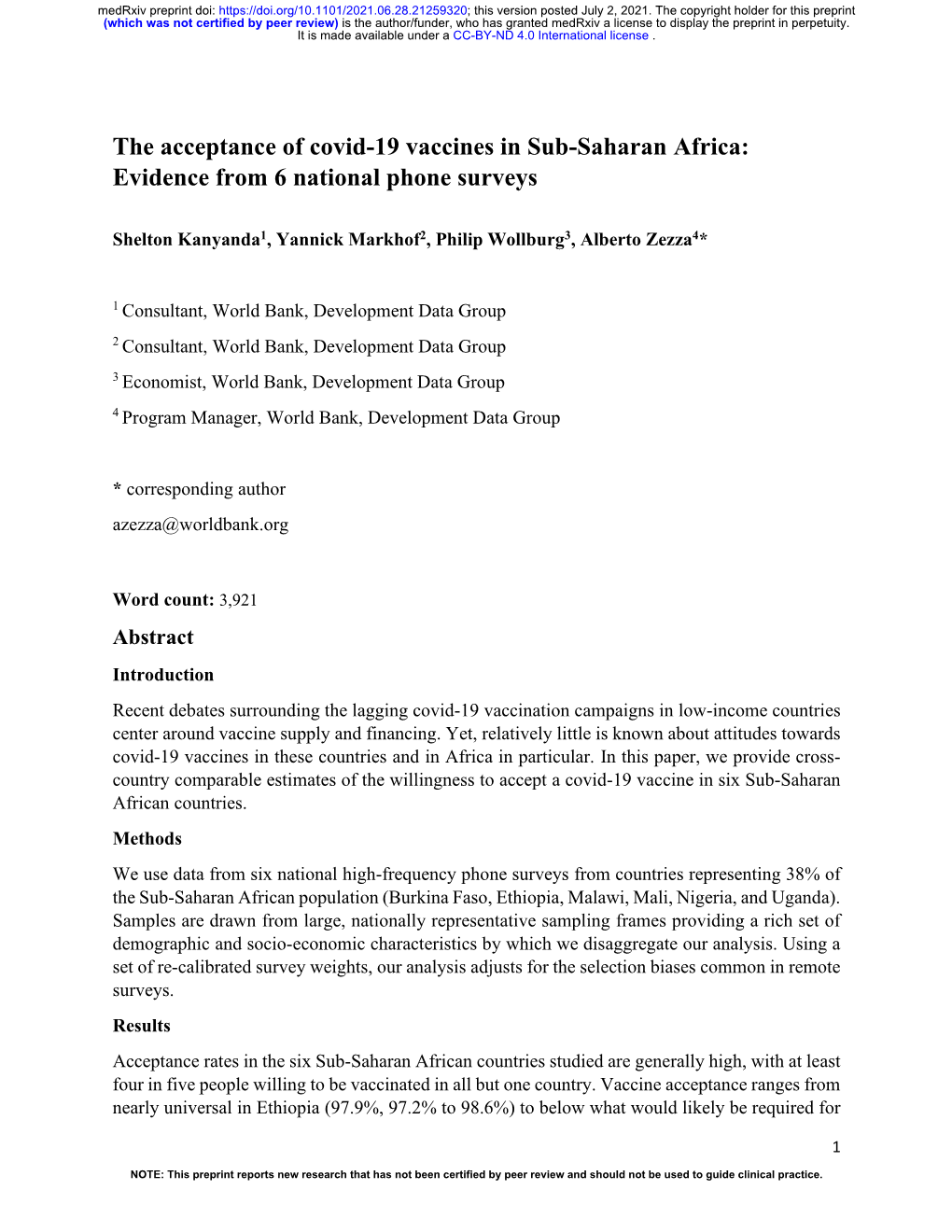 The Acceptance of Covid-19 Vaccines in Sub-Saharan Africa: Evidence from 6 National Phone Surveys