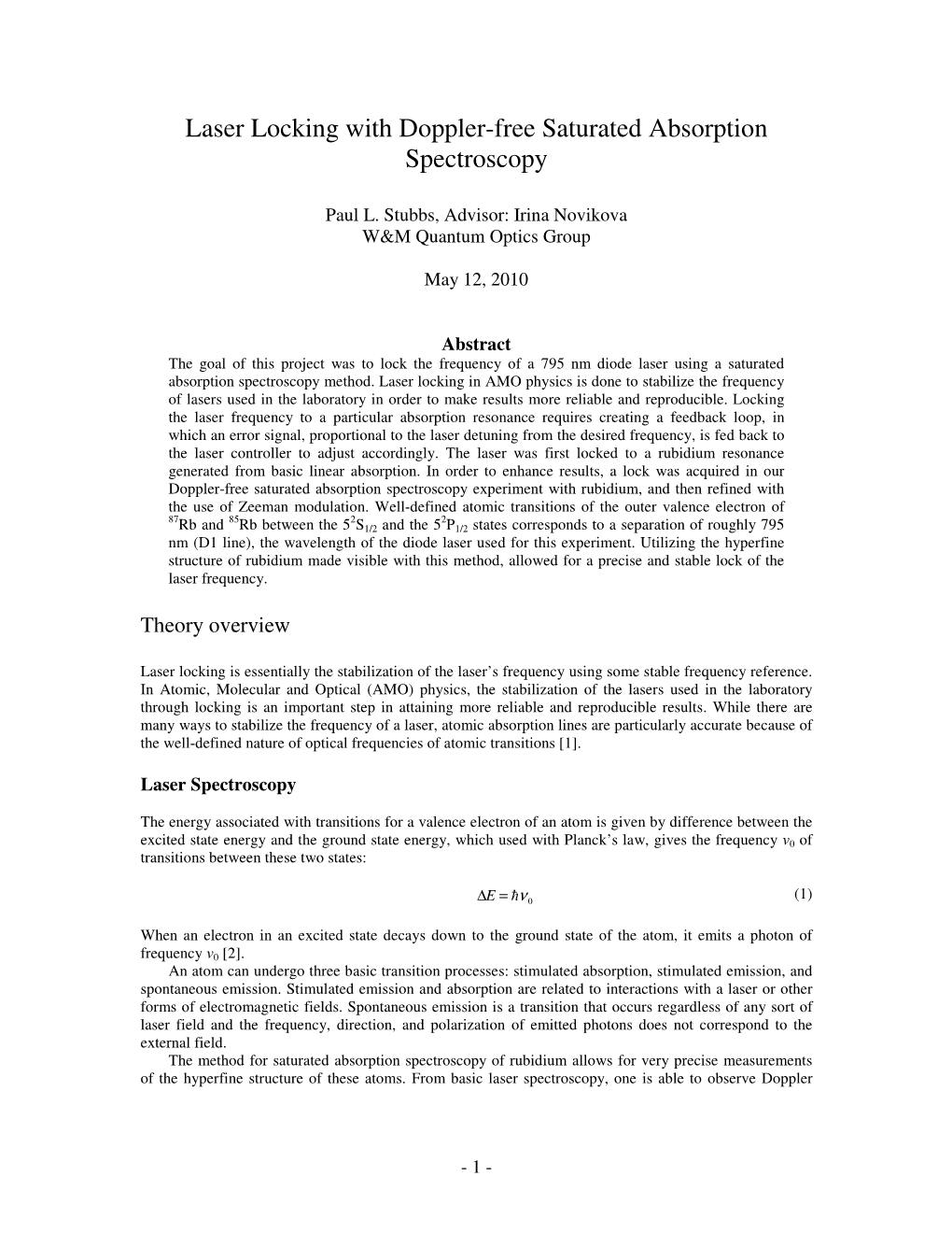 Laser Locking with Doppler-Free Saturated Absorption Spectroscopy