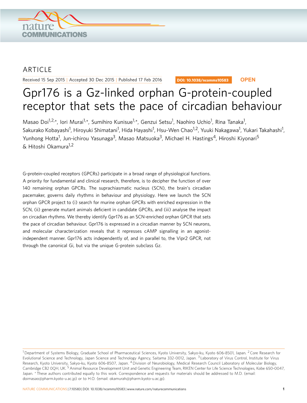 Gpr176 Is a Gz-Linked Orphan G-Protein-Coupled Receptor That Sets the Pace of Circadian Behaviour