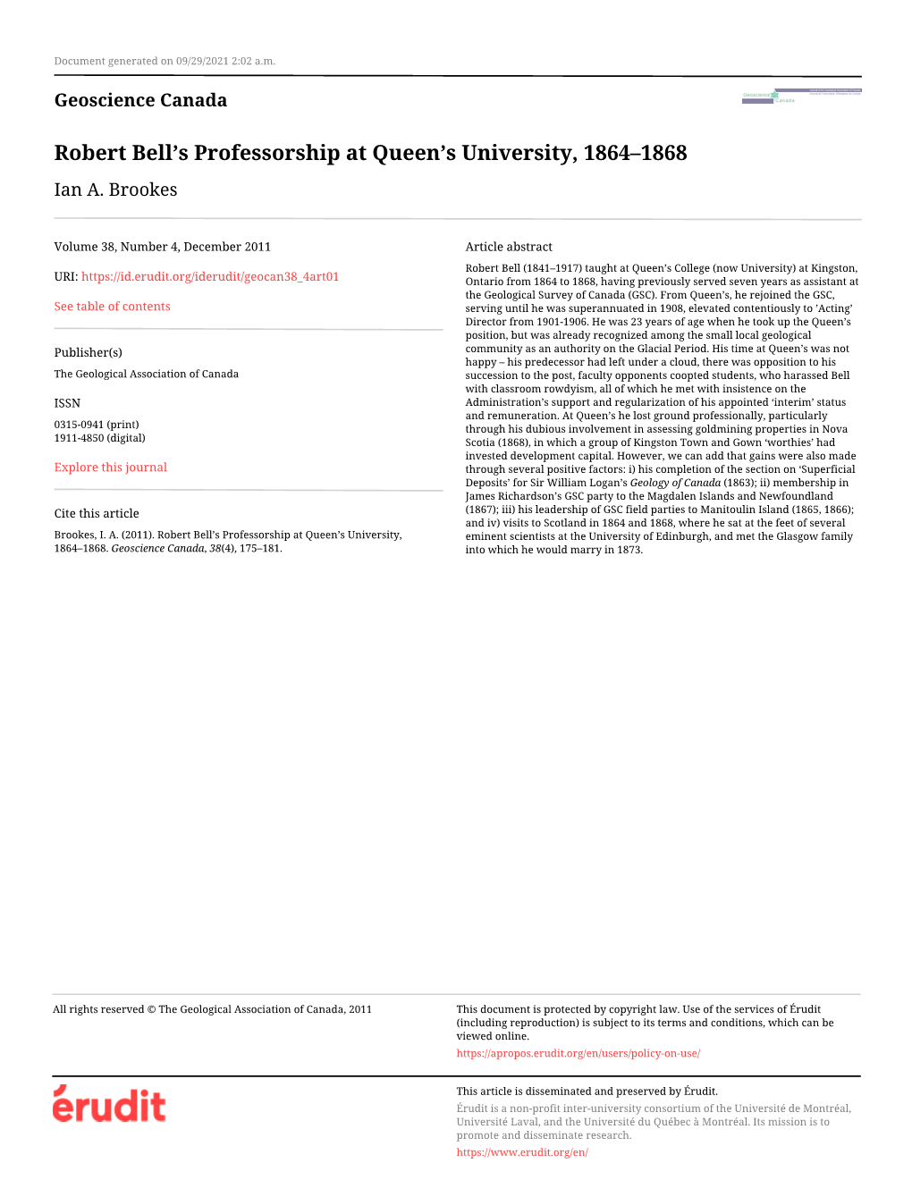 Robert Bell's Professorship at Queen's University, 1864–1868