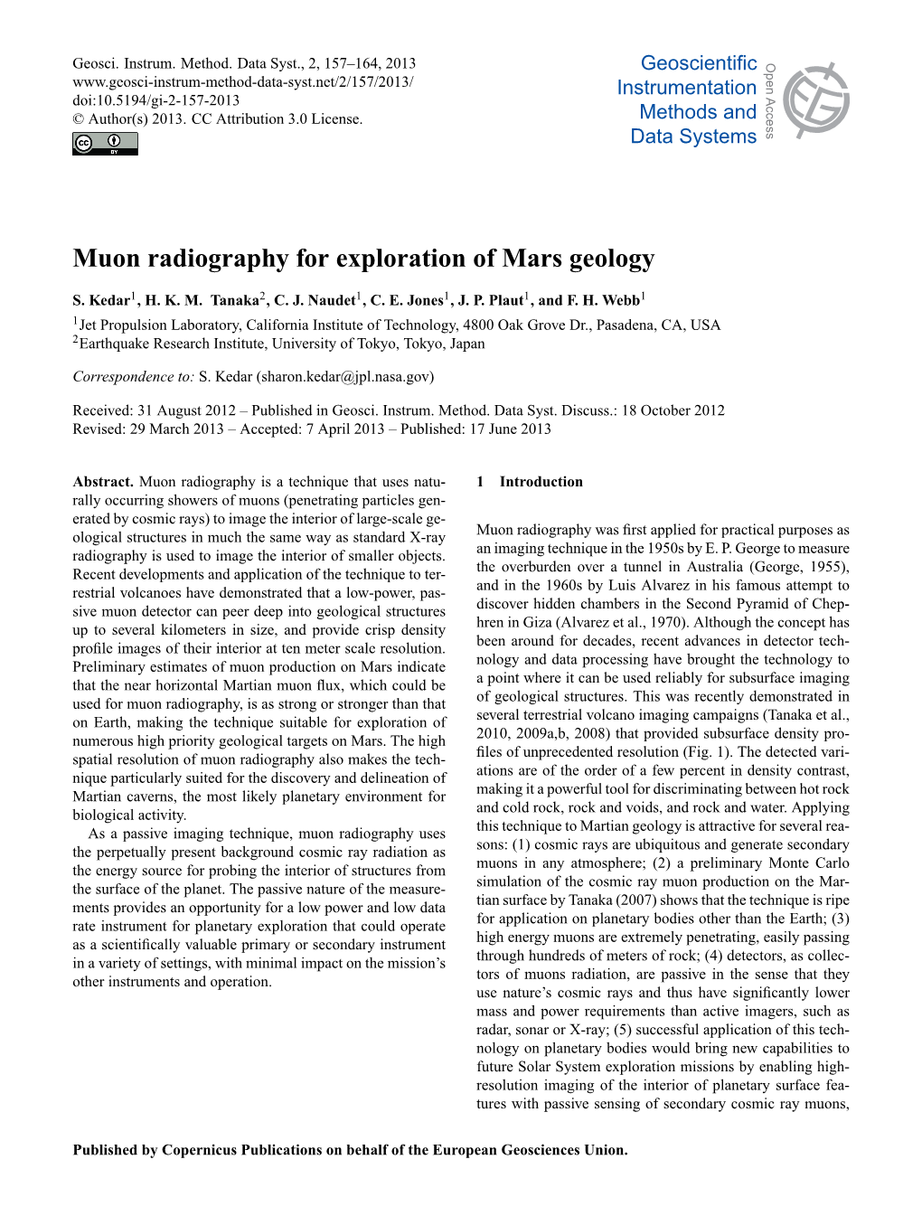 Muon Radiography for Exploration of Mars Geology Open Access Open Access S