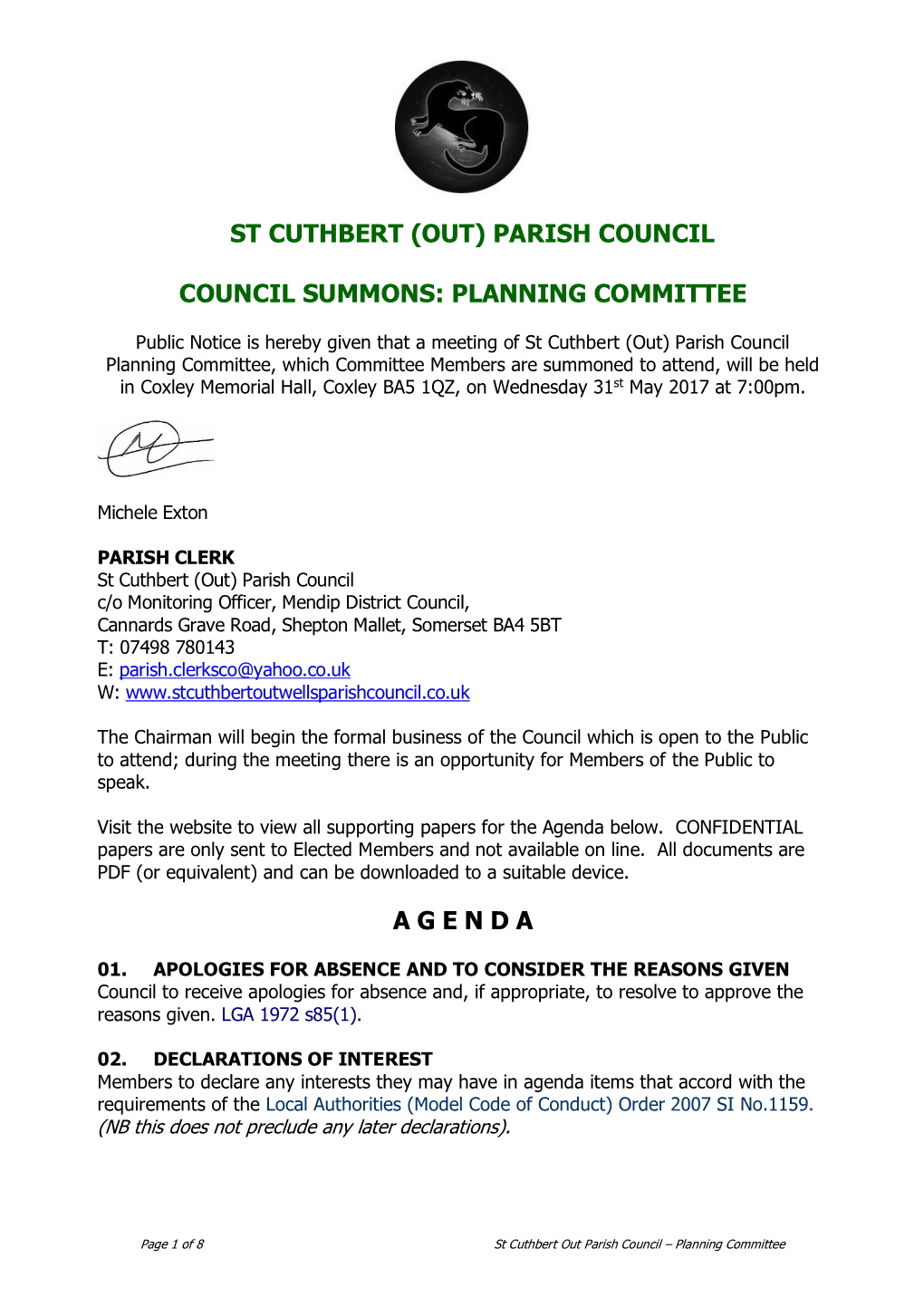 St Cuthbert (Out) Parish Council Council Summons