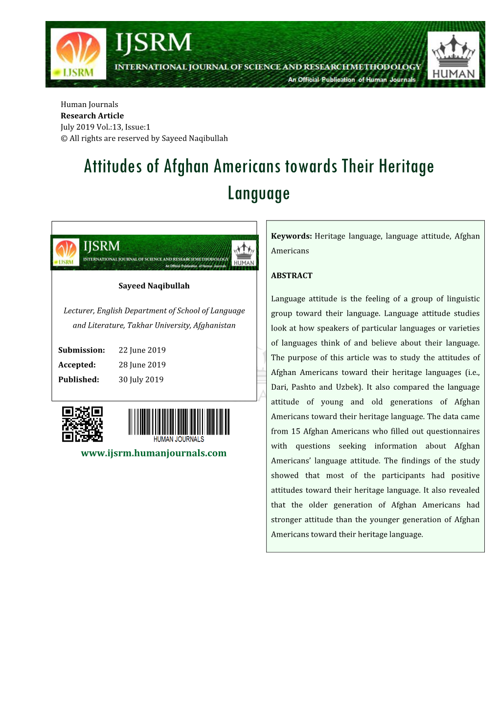 Attitudes of Afghan Americans Towards Their Heritage Language