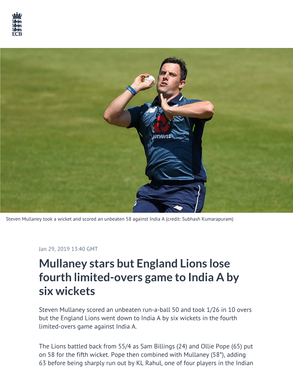 Mullaney Stars but England Lions Lose Fourth Limited-Overs Game to India a by Six Wickets