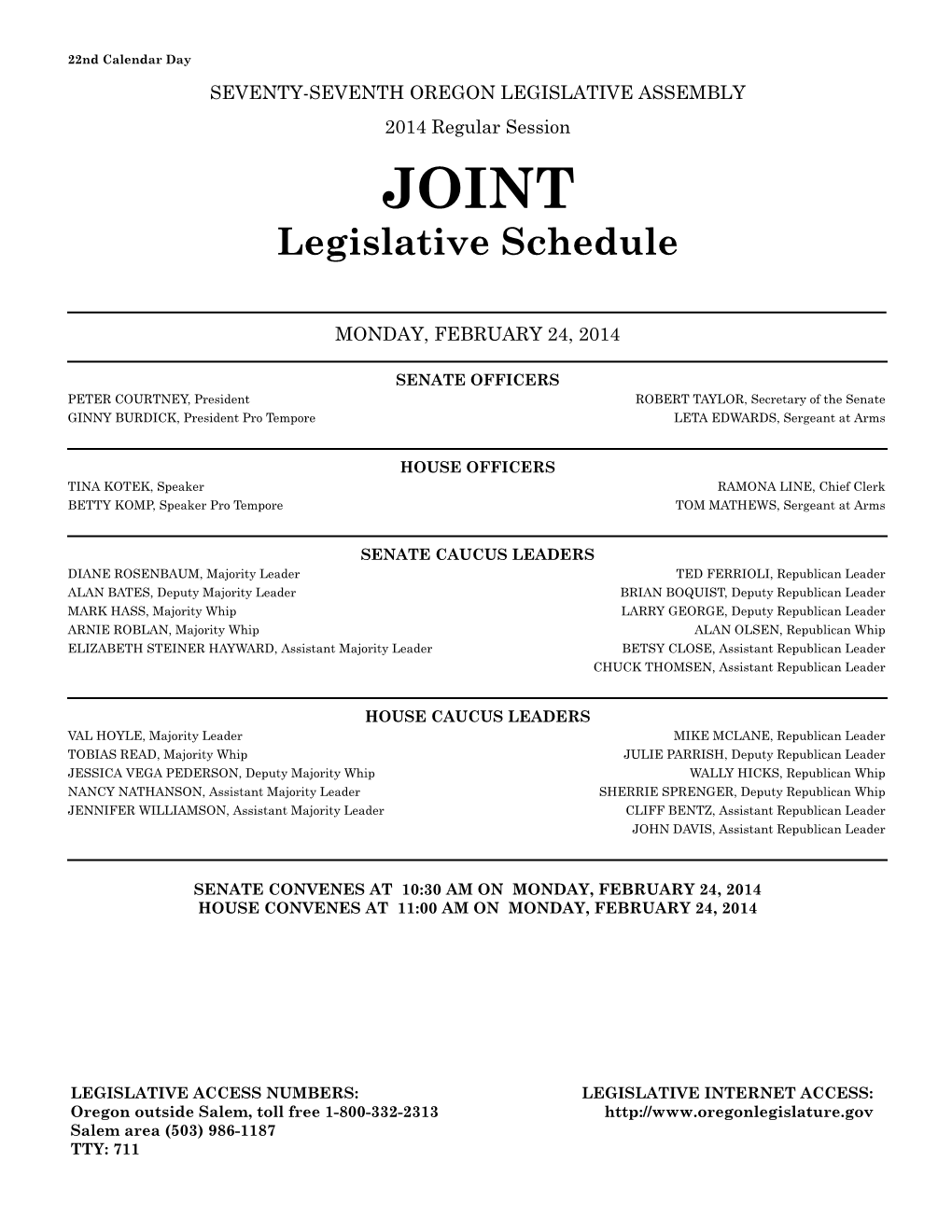 Legislative Schedule