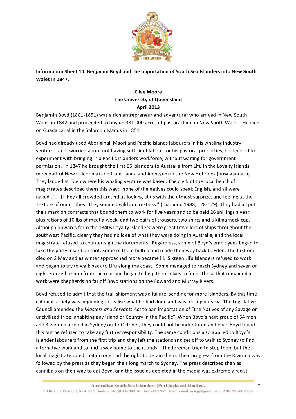 Benjamin Boyd and the Importation of South Sea Islanders Into New South Wales in 1847