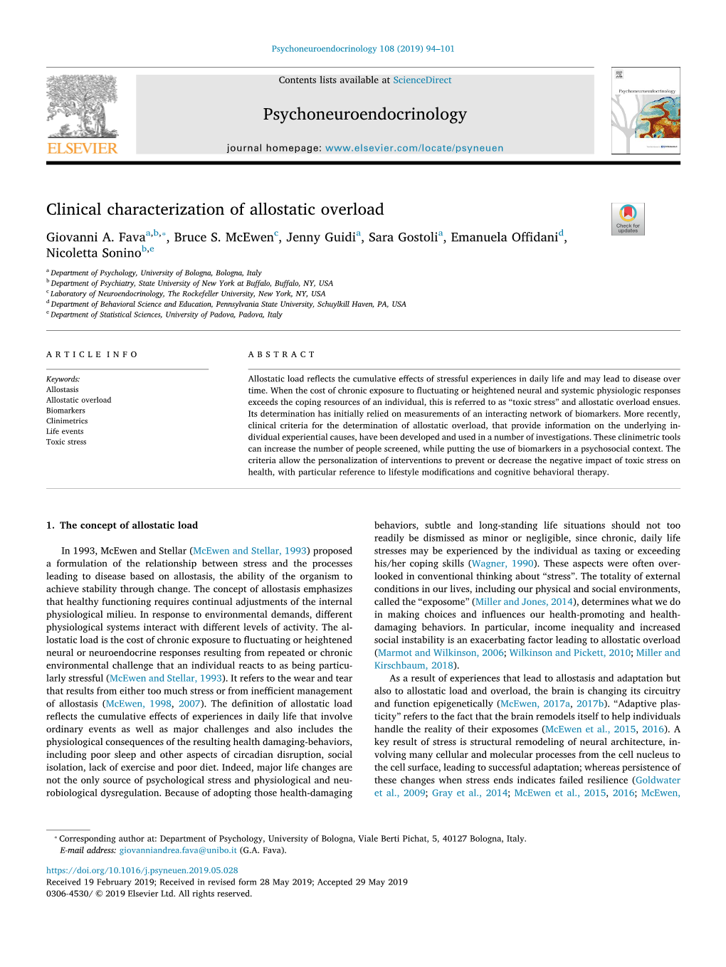 Clinical Characterization of Allostatic Overload T ⁎ Giovanni A