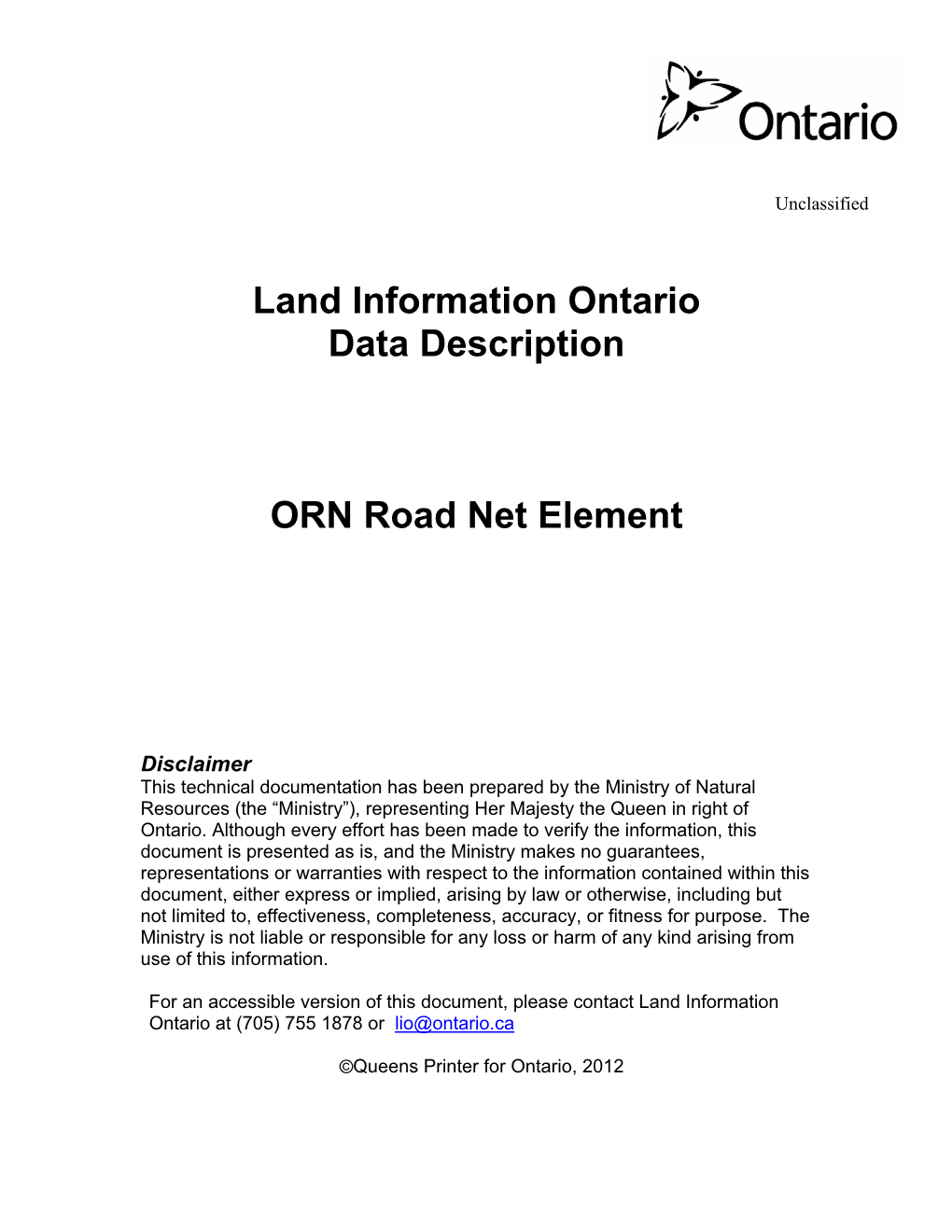 Land Information Ontario Data Description ORN Road Net Element