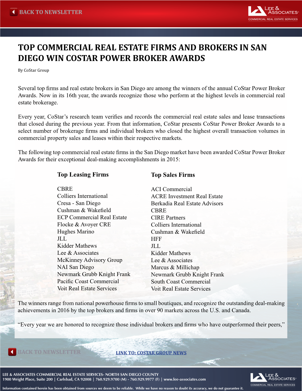 Top Commercial Real Estate Firms and Brokers in San Diego Win Costar Power Broker Awards