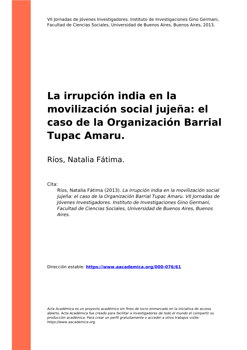 El Caso De La Organización Barrial Tupac Amaru