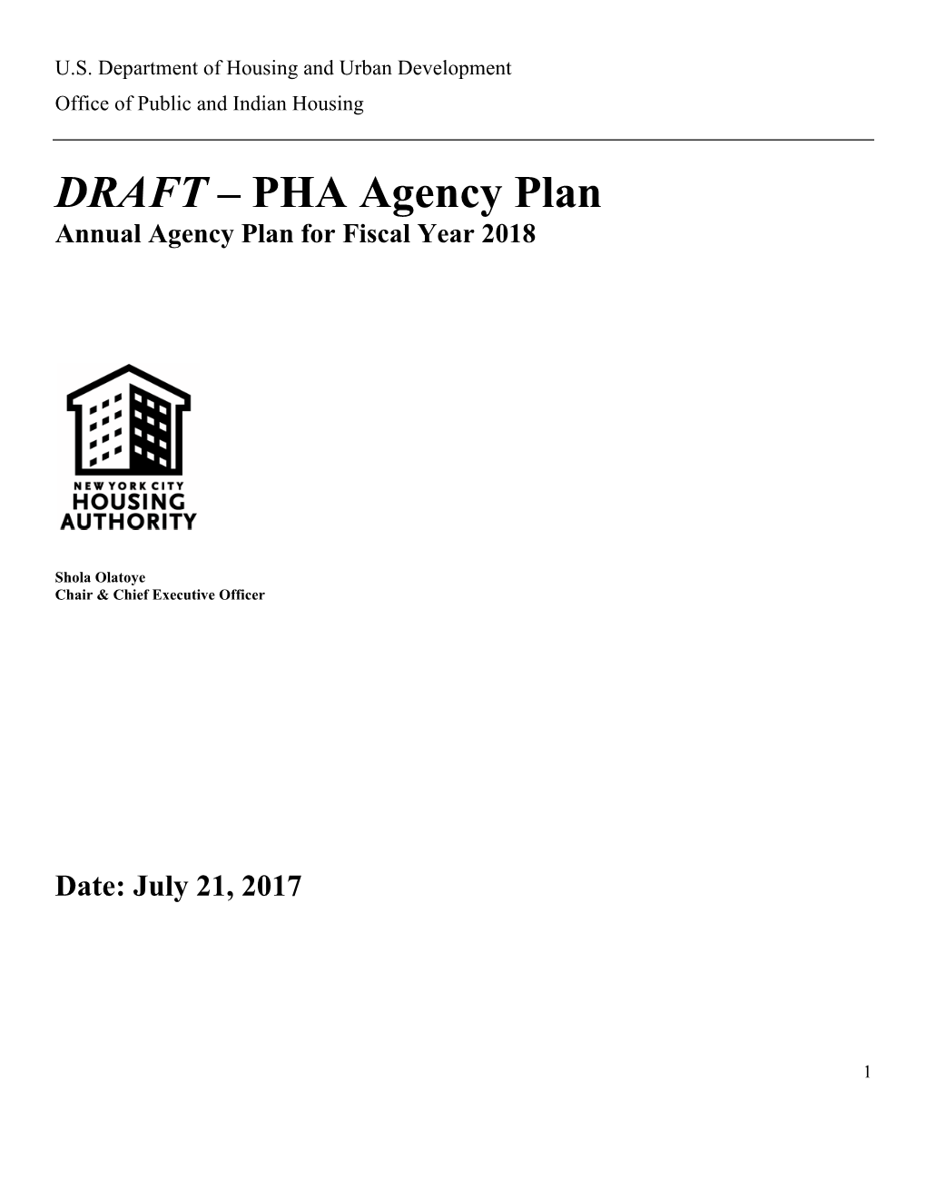 DRAFT – PHA Agency Plan Annual Agency Plan for Fiscal Year 2018