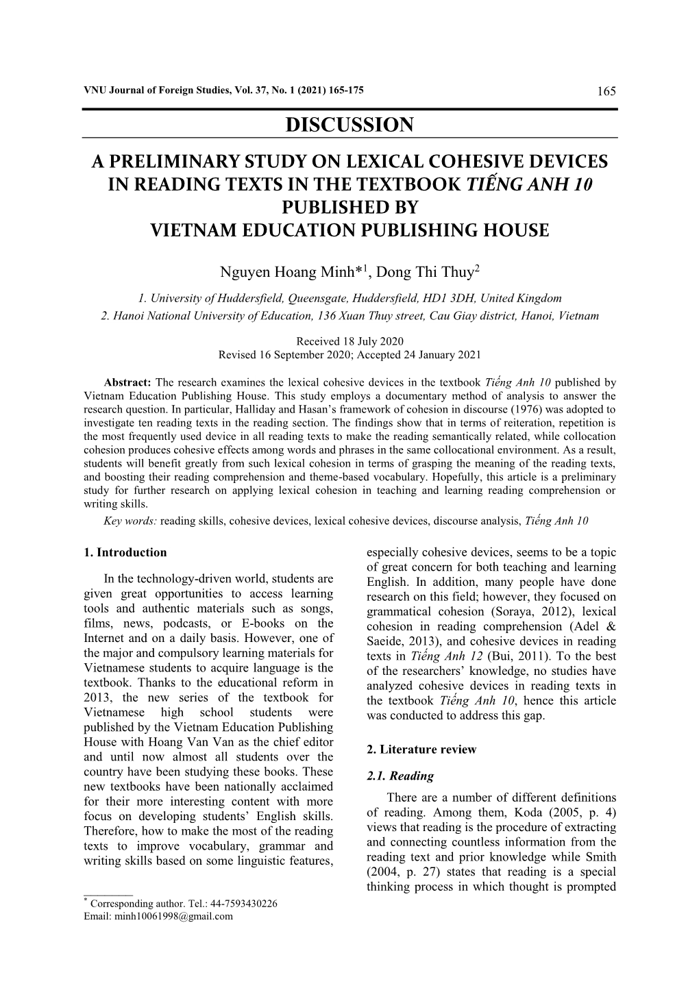 Discussion a Preliminary Study on Lexical Cohesive Devices in Reading Texts in the Textbook Tiếng Anh 10 Published by Vietnam Education Publishing House