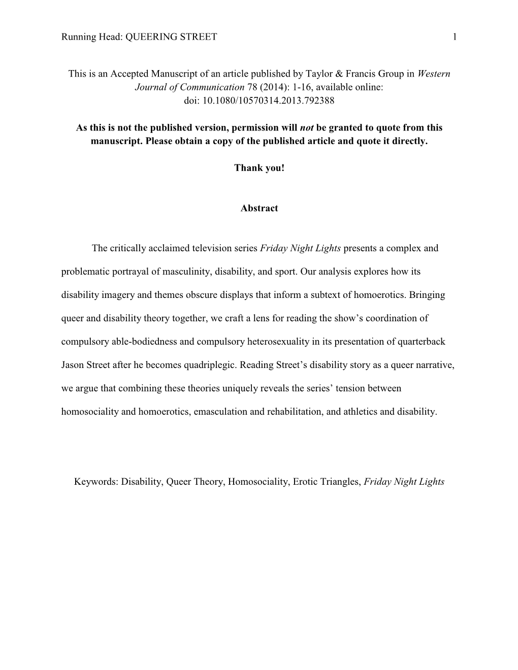 Running Head: QUEERING STREET 1 This Is an Accepted Manuscript of an Article Published by Taylor & Francis Group in Western