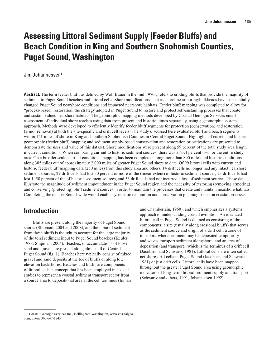 Assessing Littoral Sediment Supply (Feeder Bluffs) and Beach Condition in King and Southern Snohomish Counties, Puget Sound, Washington