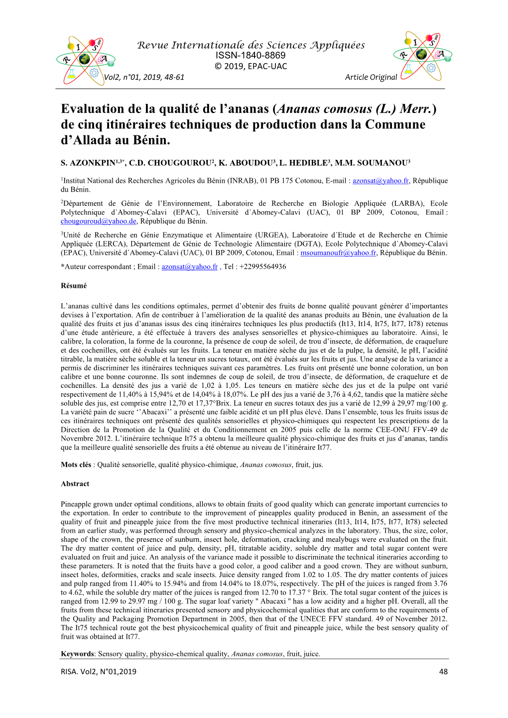 (Ananas Comosus (L.) Merr.) De Cinq Itinéraires Techniques De Production Dans La Commune D’Allada Au Bénin