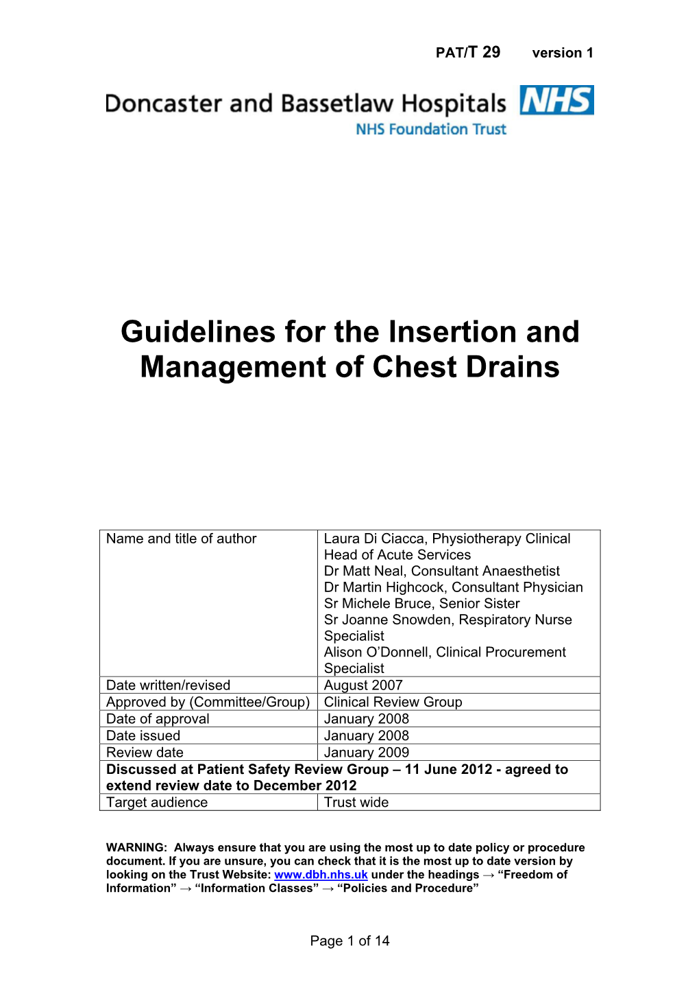 Guidelines for the Insertion and Management of Chest Drains