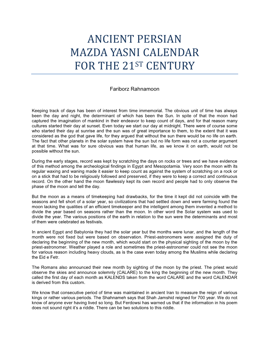 Ancient Persian Mazda Yasni Calendar for the 21St Century
