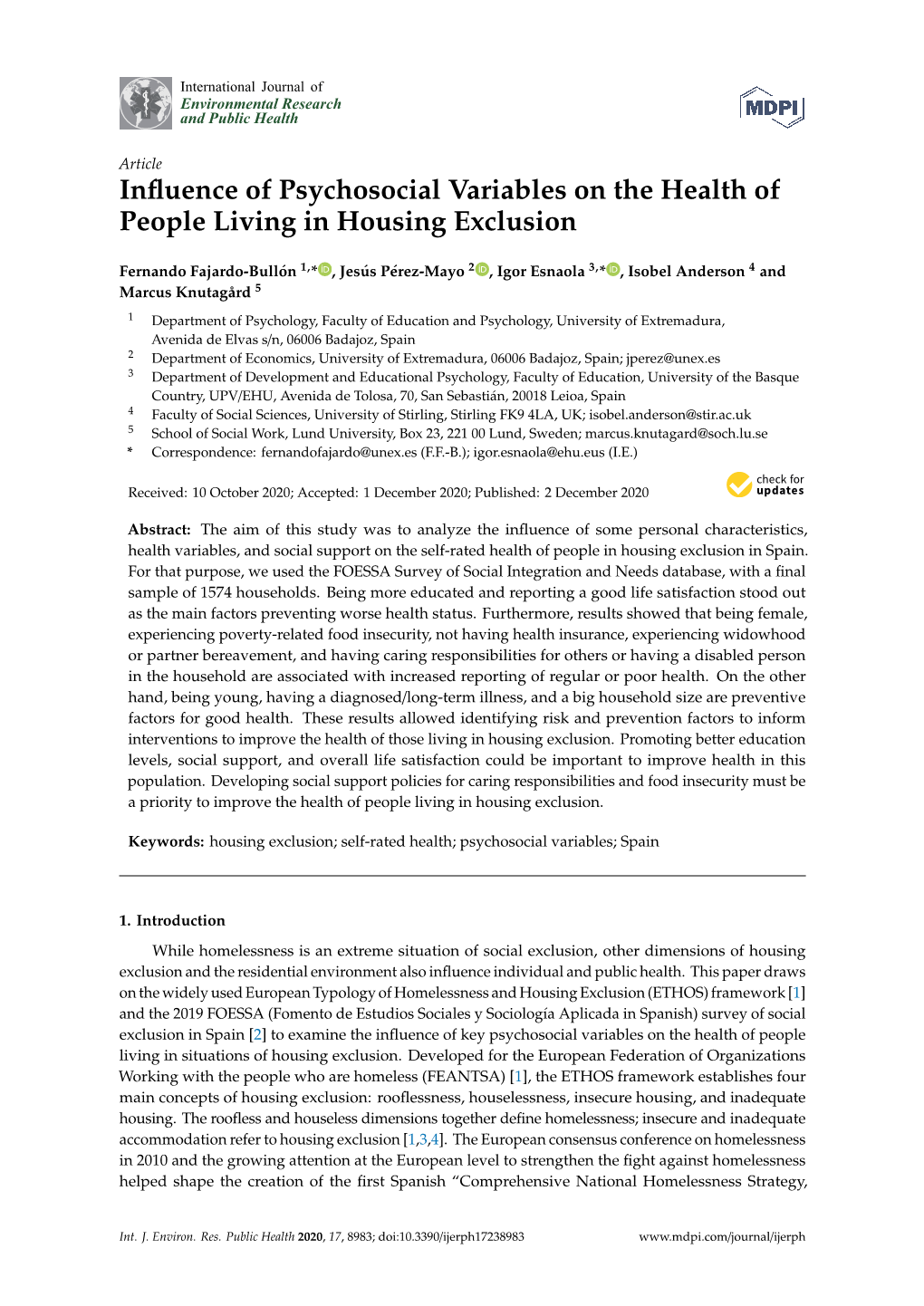 Influence of Psychosocial Variables on the Health of People Living In