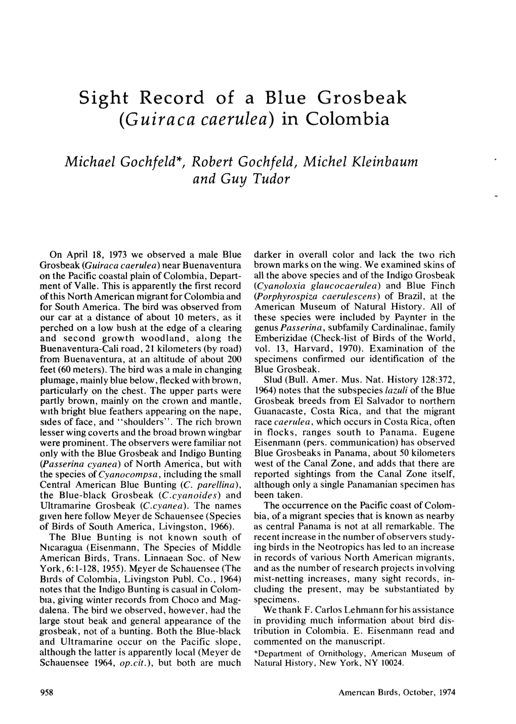 Sight Record of a Blue Grosbeak (&lt;I&gt;Guiraca Caerulea&lt;/I&gt;) in Colombia