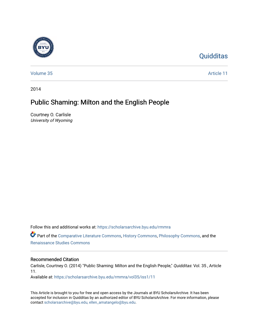 Public Shaming: Milton and the English People