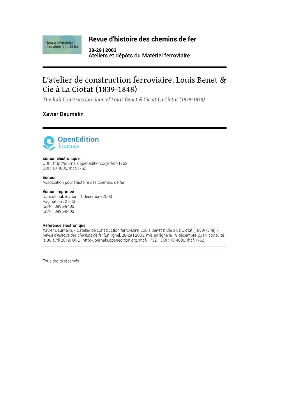 L'atelier De Construction Ferroviaire. Louis Benet